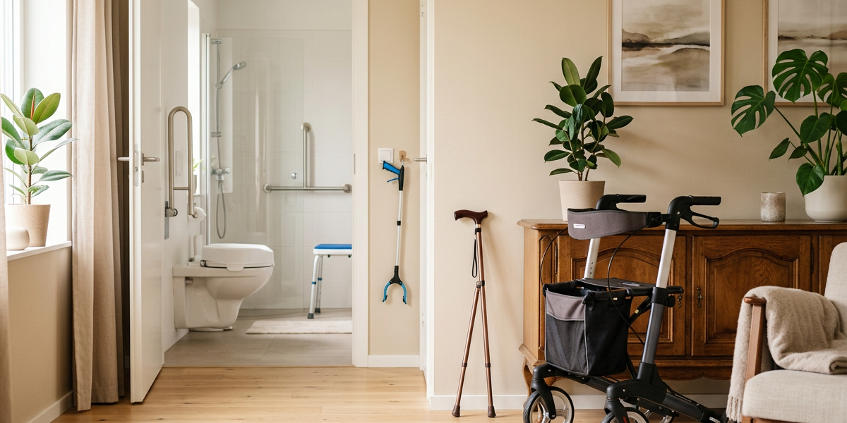 Accessible home with bathroom grab bars, walker, cane, and shower chair