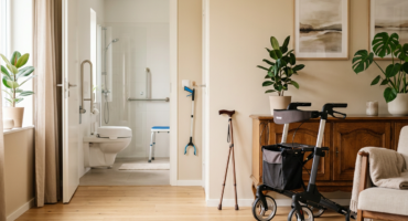 Accessible home with bathroom grab bars, walker, cane, and shower chair